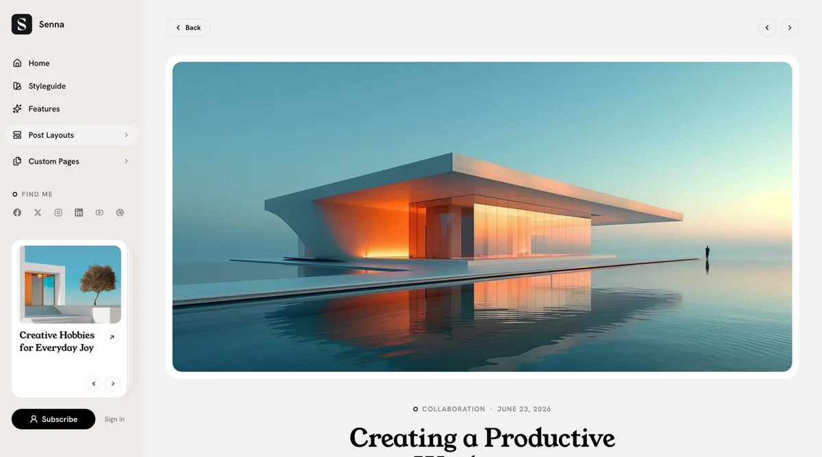 Senna Image First post layout opening with a cinematic full-width feature image