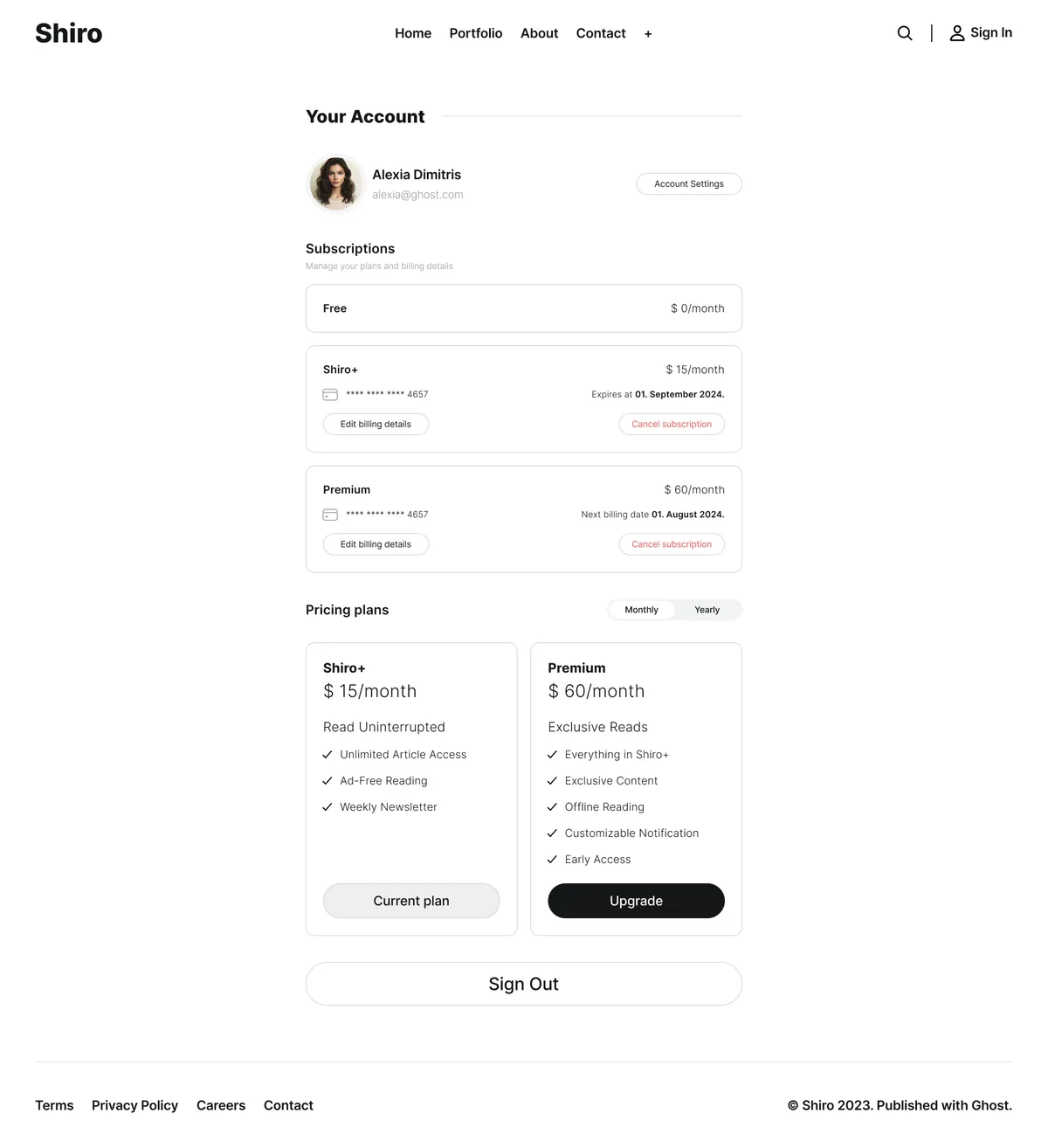 Shiro Ghost theme custom account page showing member profile settings and subscription management