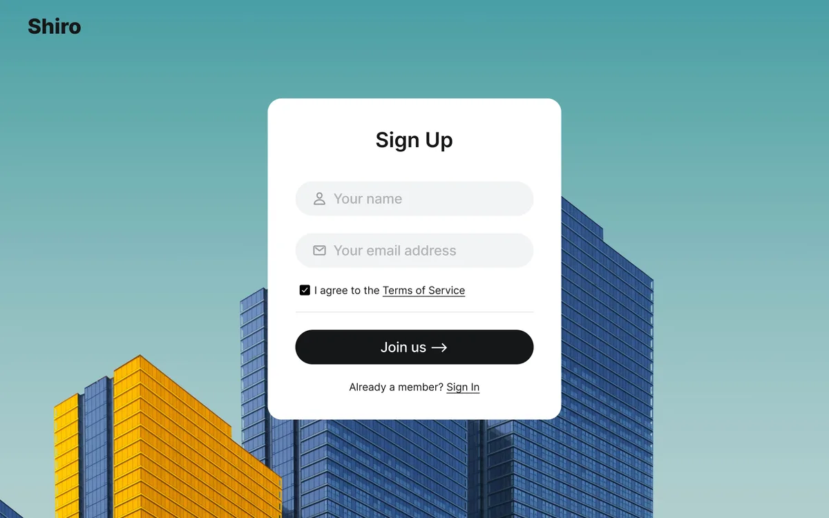 Shiro Ghost theme custom sign-up page showing branded registration form with membership options