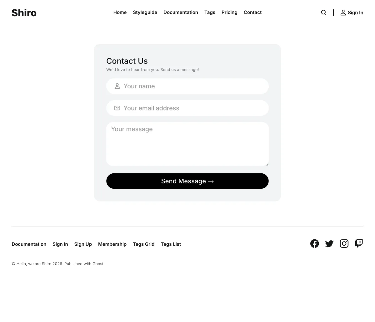 Shiro contact page with a name, email and message form