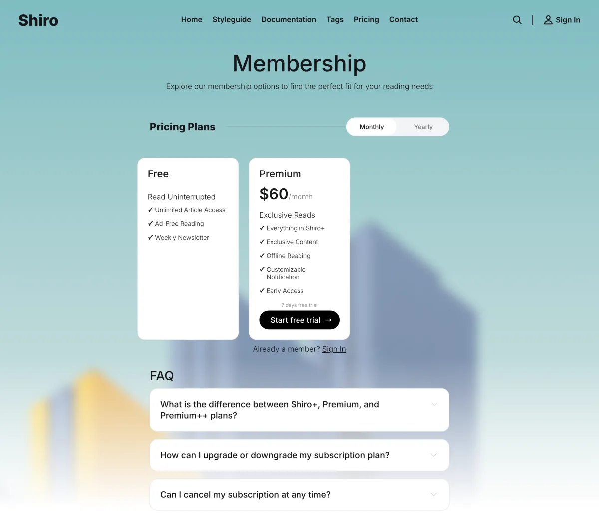 Shiro membership page with tier cards built from Ghost tiers and a monthly to yearly toggle