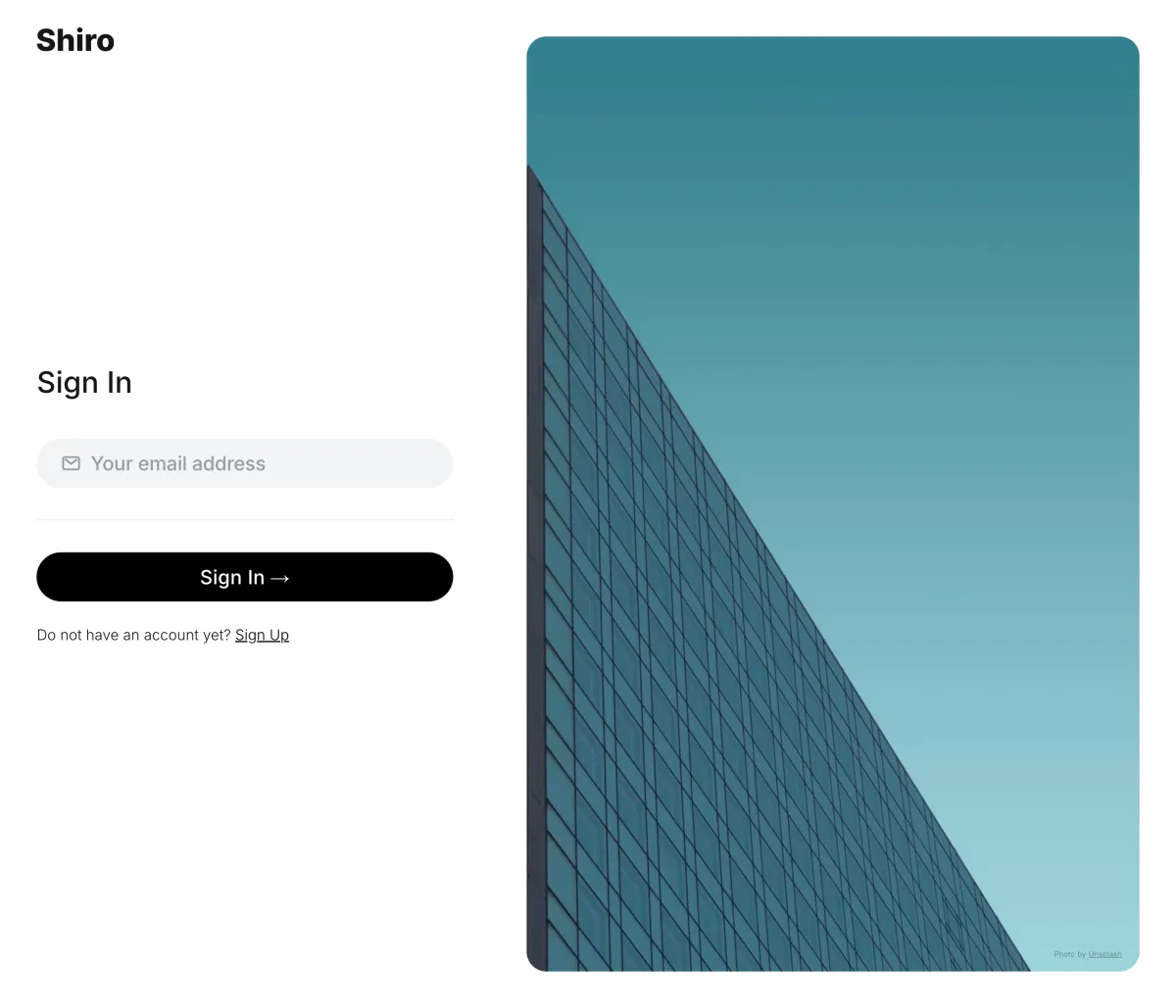 Shiro sign-in page with the logo, an email field and a feature image beside the form