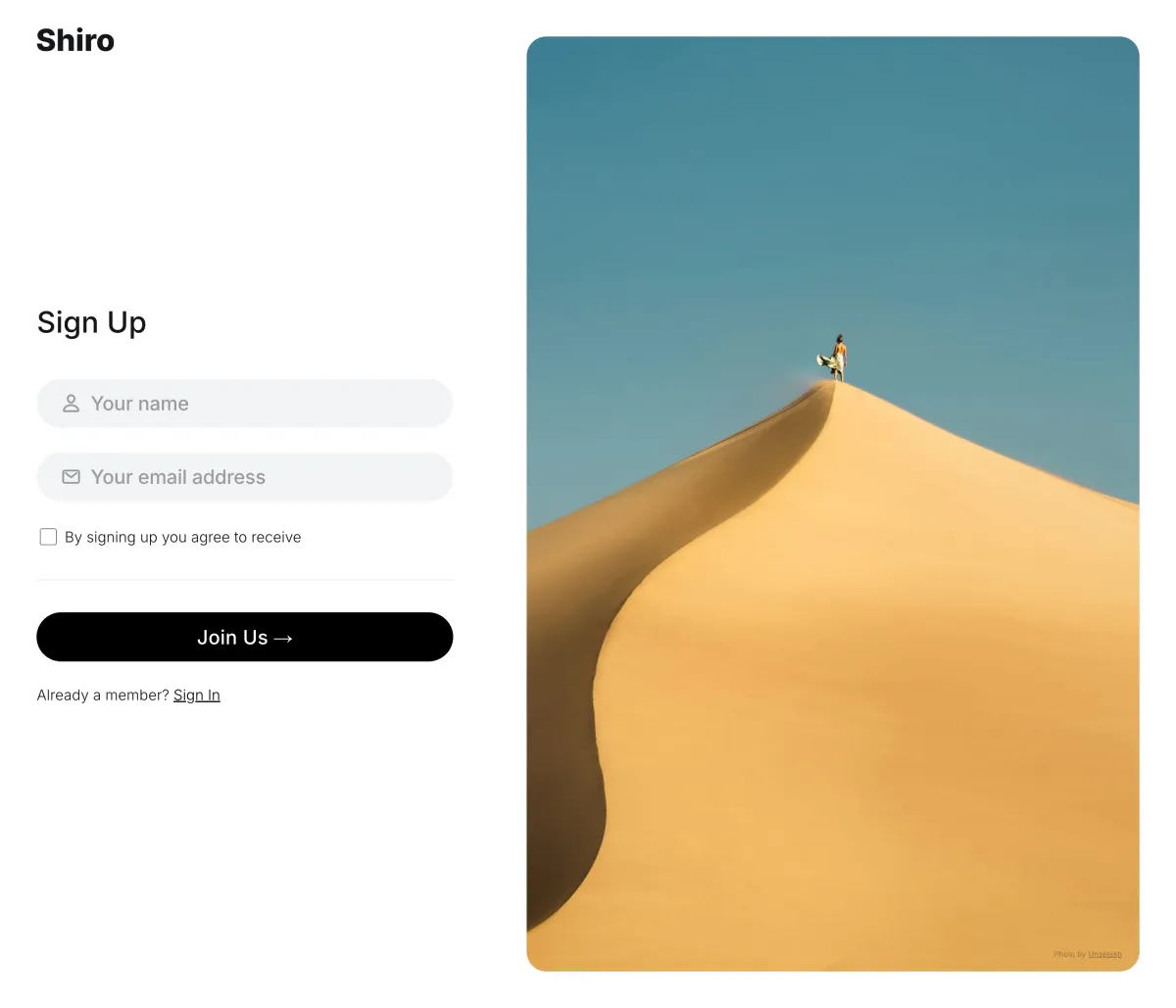Shiro sign-up page with name and email fields and a feature image beside the form