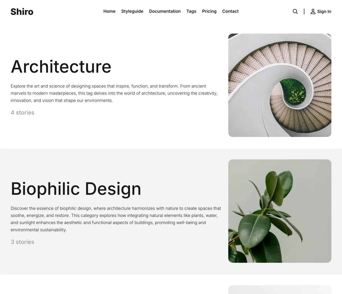 Shiro tags list page with each tag as a row with image, name, description and post count