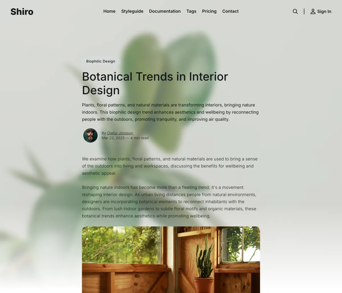Shiro post layout with the title set over a blurred backdrop of the feature image