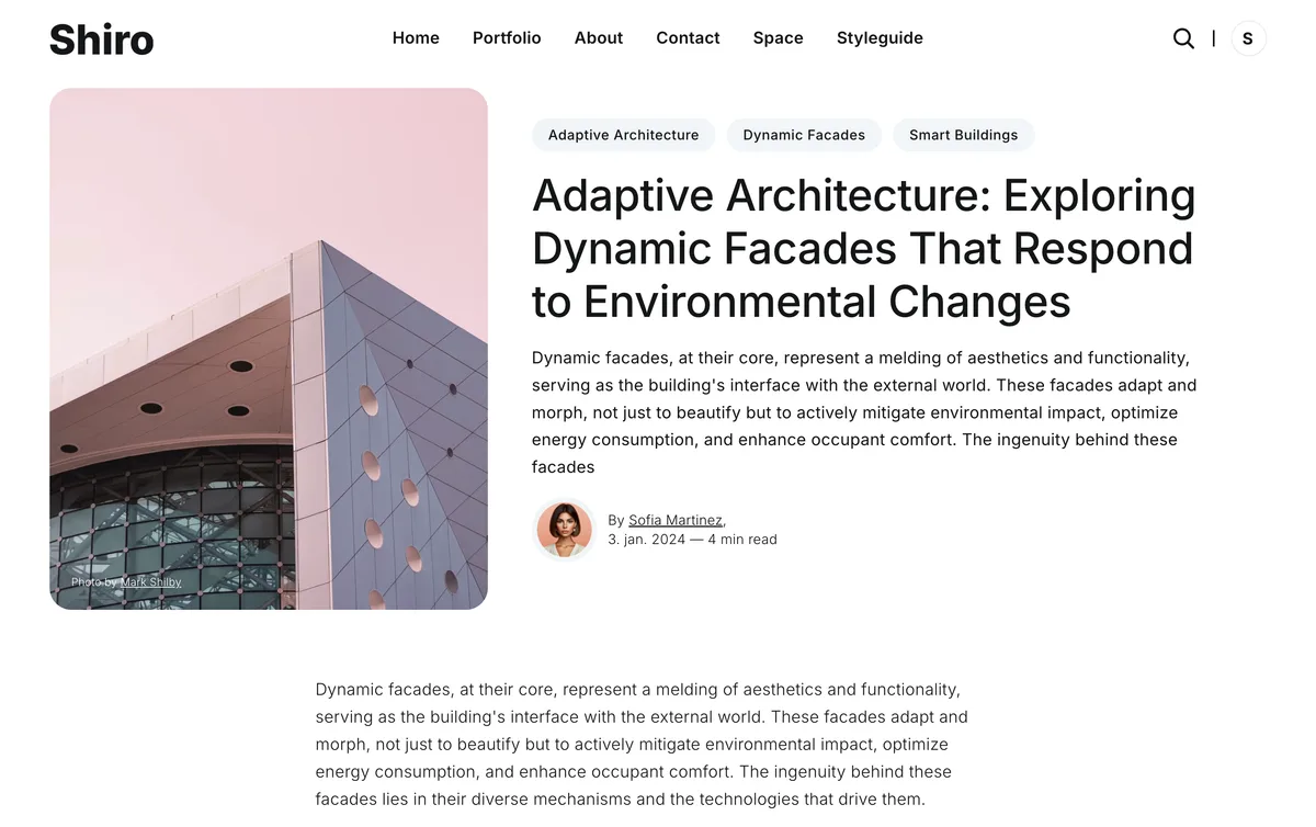 Shiro Ghost theme post layout one showing wide featured image header with article content below