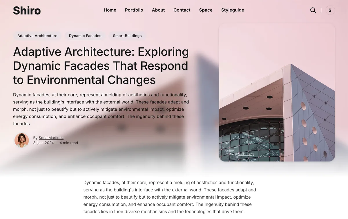Shiro Ghost theme post layout two showing centered title with inline featured image