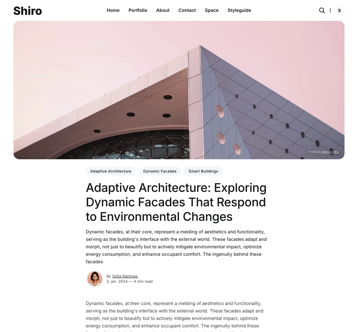Shiro Ghost theme post layout three showing full-width hero image with overlaid title text
