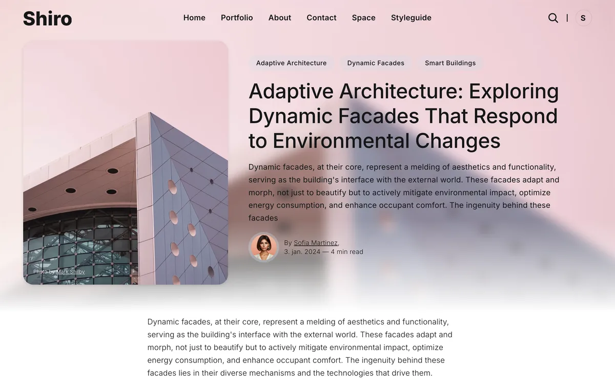 Shiro Ghost theme post layout four showing split-screen design with image and text side by side