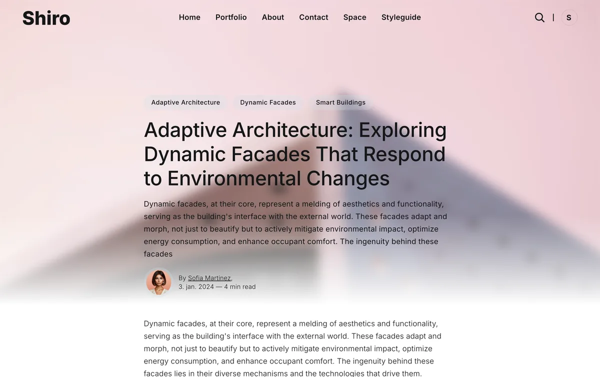 Shiro Ghost theme post layout six showing compact card-style article with sidebar metadata