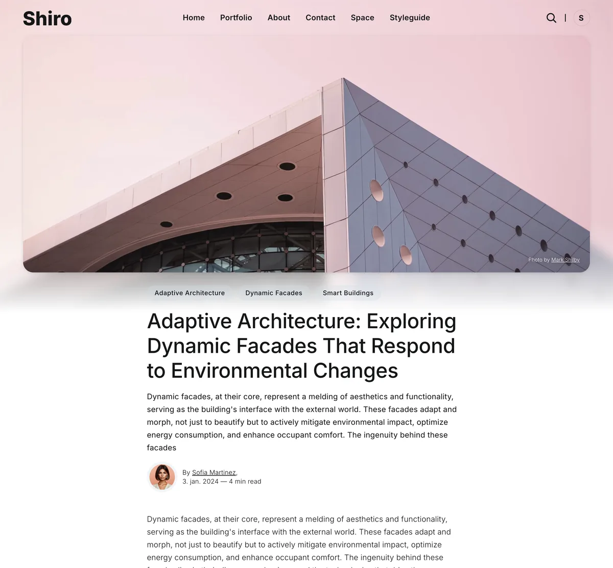 Shiro Ghost theme post layout seven showing magazine-style article with bold typography