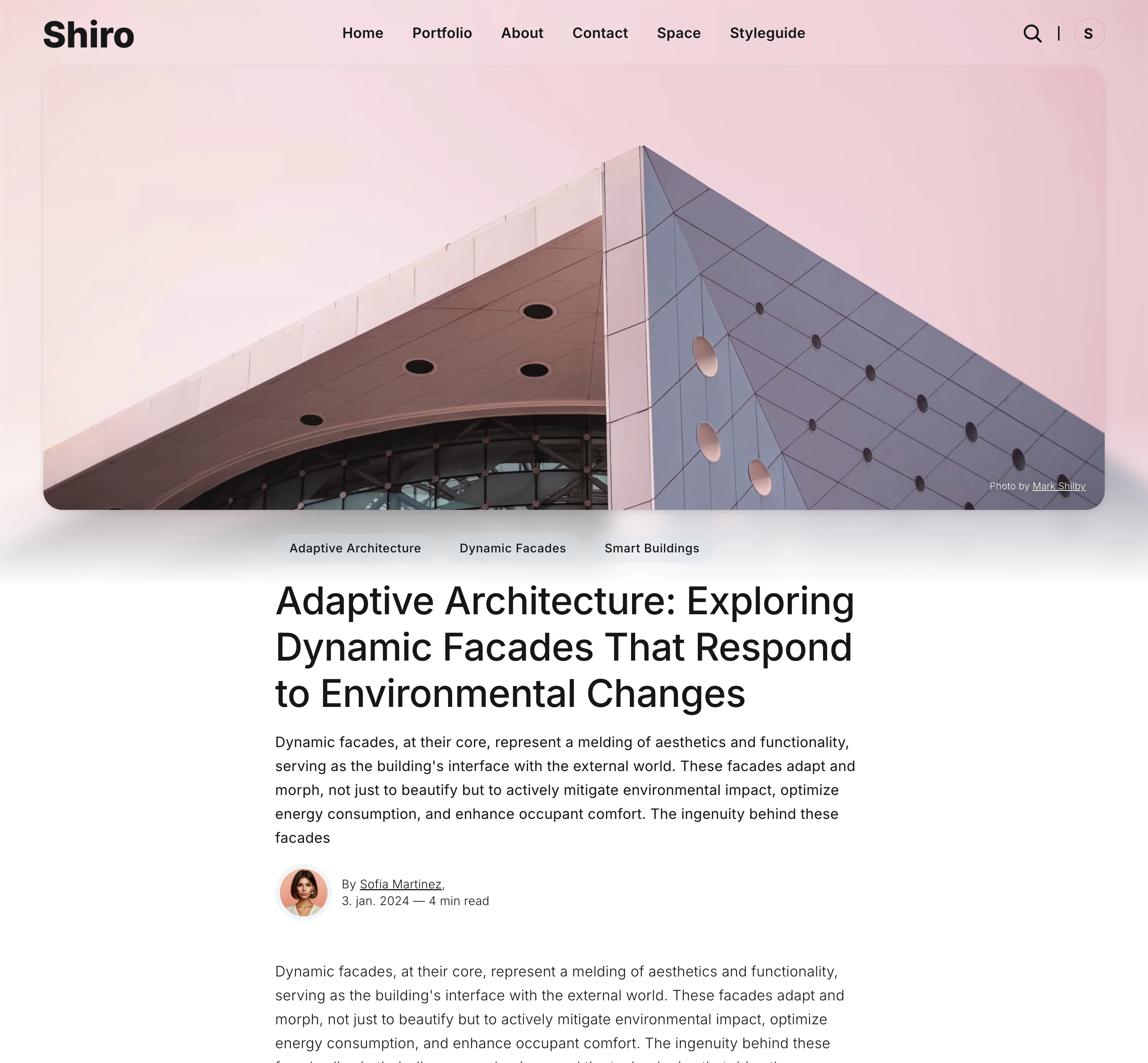 Shiro Ghost theme post style with full-width cover image and background