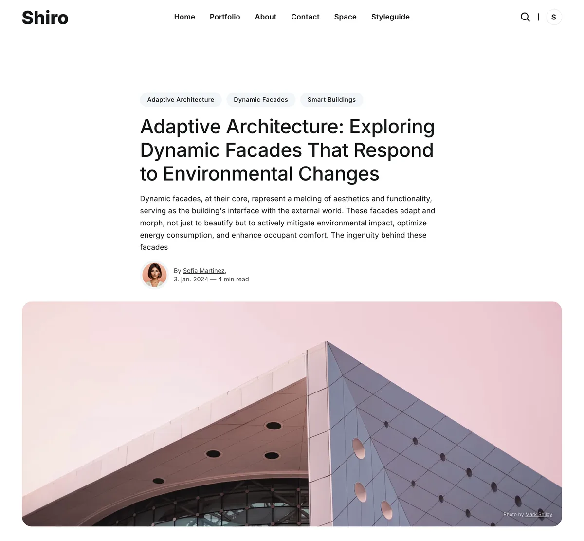Shiro Ghost theme post layout eight showing clean reading view with narrow content column