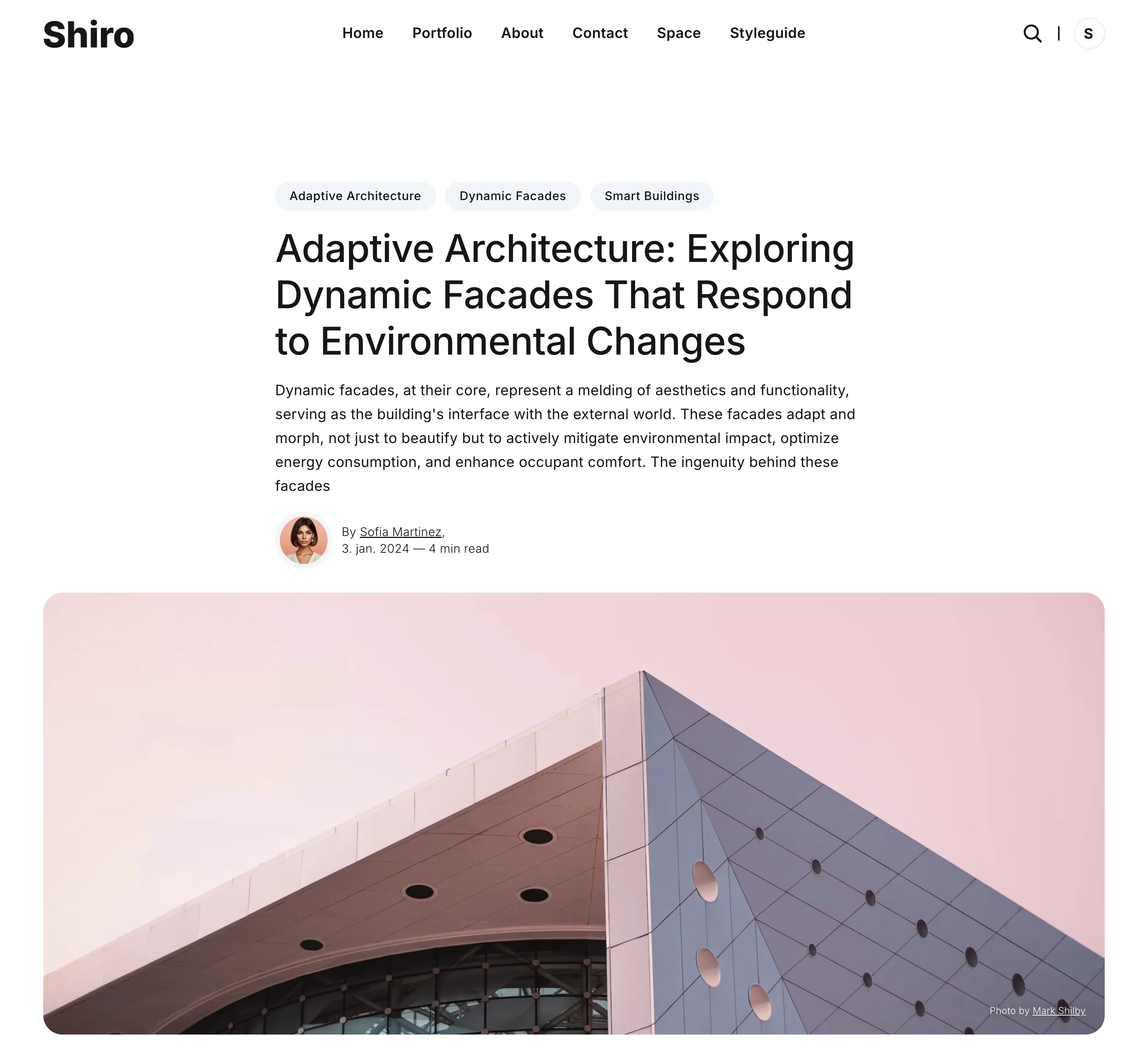 Shiro Ghost theme default post style with title and excerpt first, feature image below