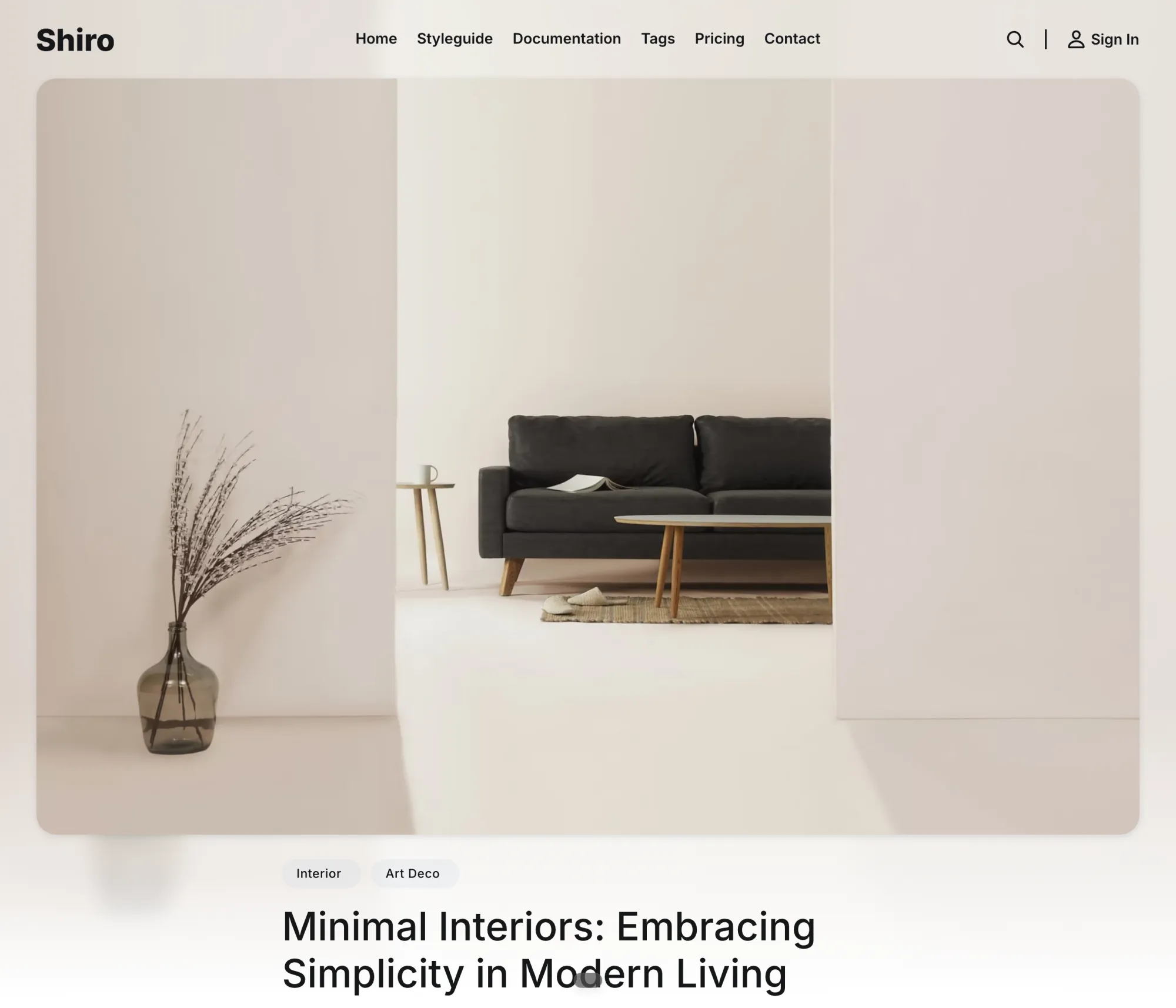 Shiro Ghost theme post style with full-width cover image and background
