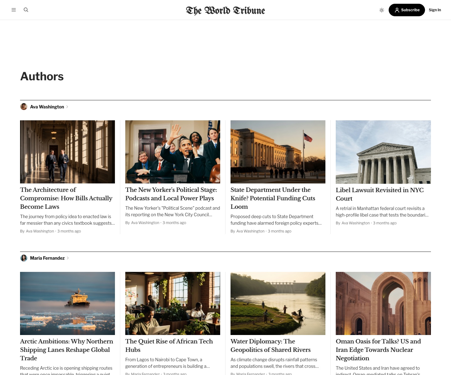 Tribune authors page showing writer profiles with bios and recent posts