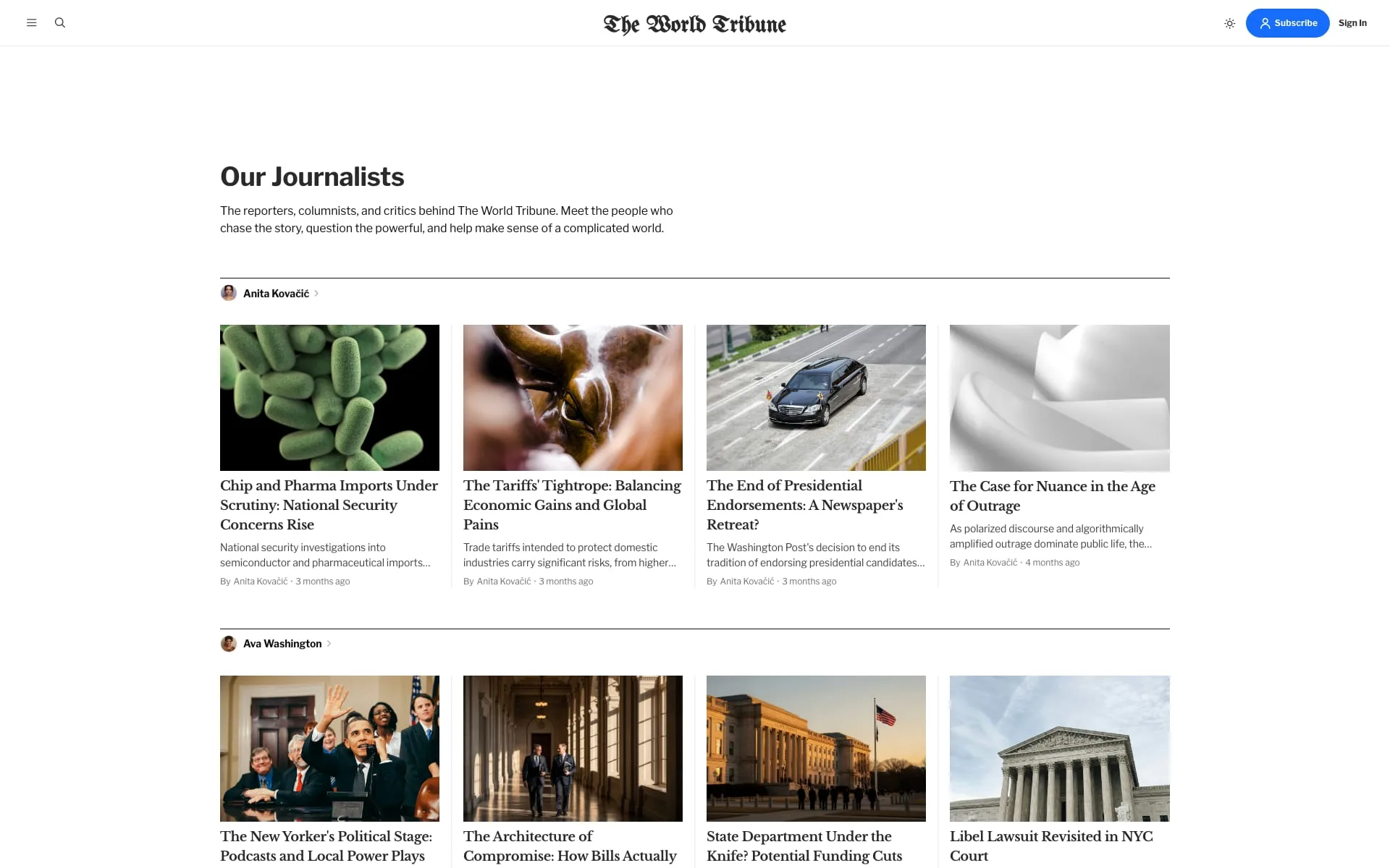 Tribune Ghost theme author archive page with writer profiles, bios, and per-author social links