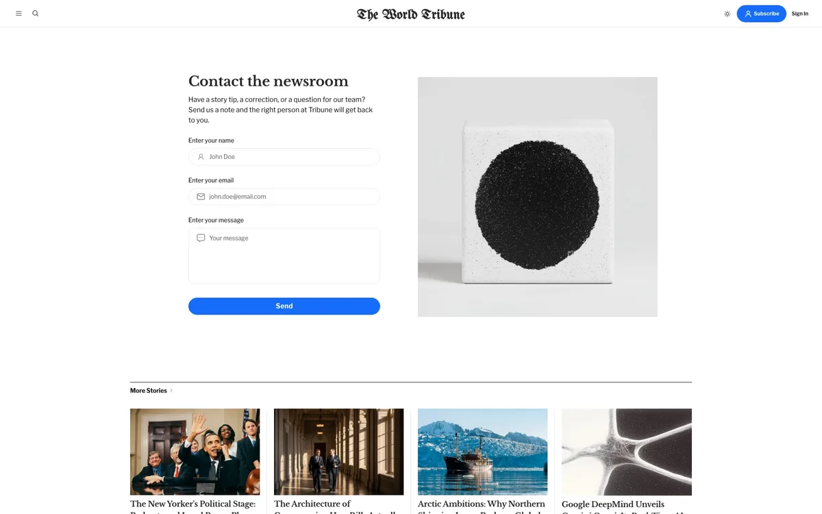 Tribune Ghost theme contact page with integrated form, third-party endpoint support, and clean styling