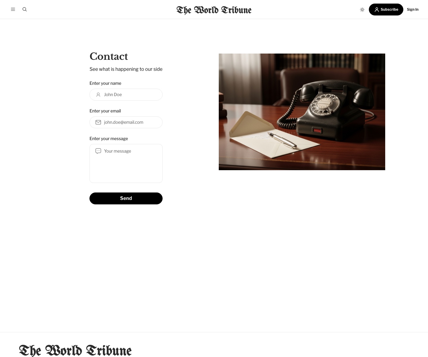 Tribune contact page with integrated form and clean editorial styling