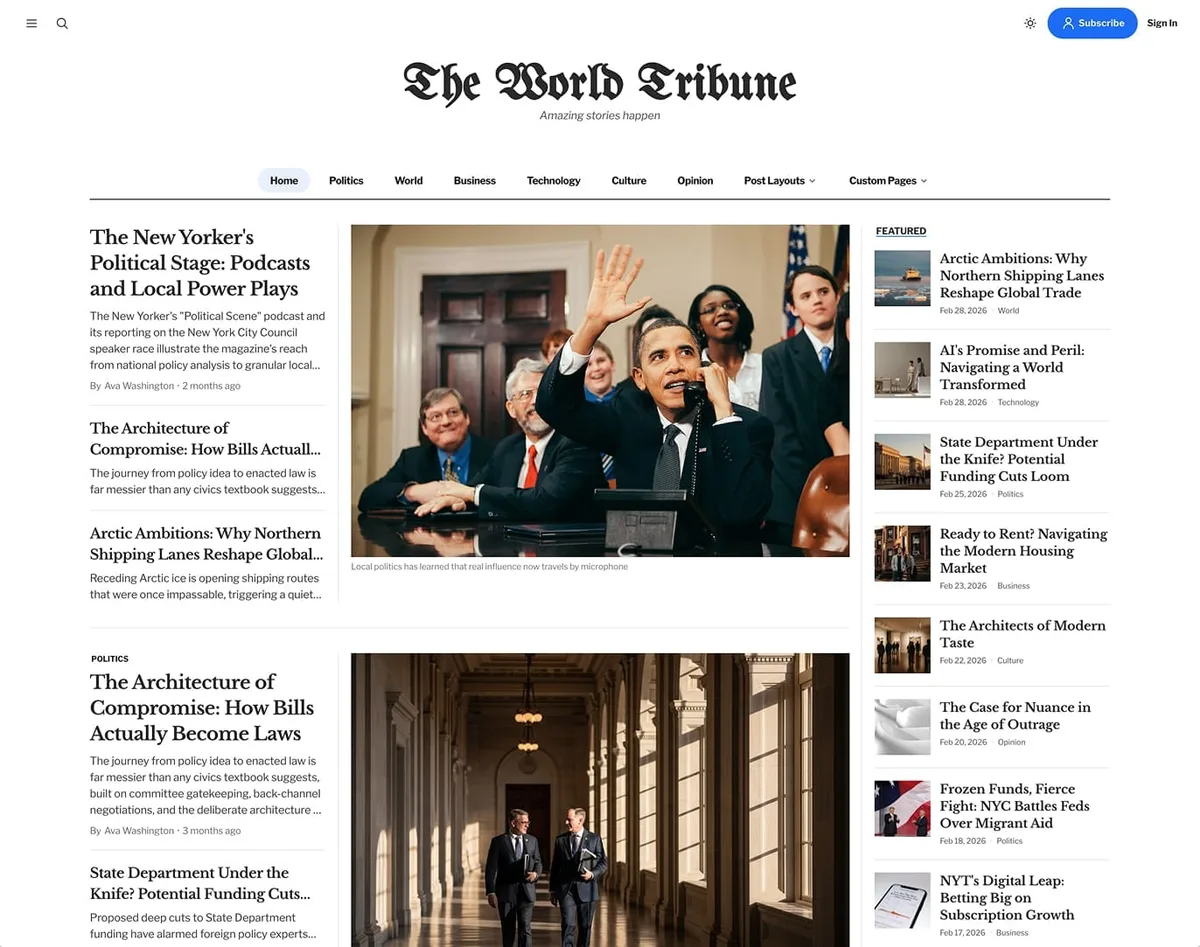 Tribune Ghost theme light mode homepage showing newspaper-style multi-column layout with masthead, primary navigation, and featured story sidebar