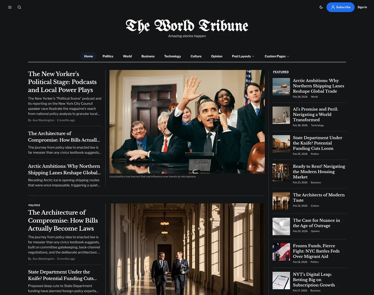 Tribune Ghost theme dark mode homepage showing the same editorial layout against a deep dark background for night reading