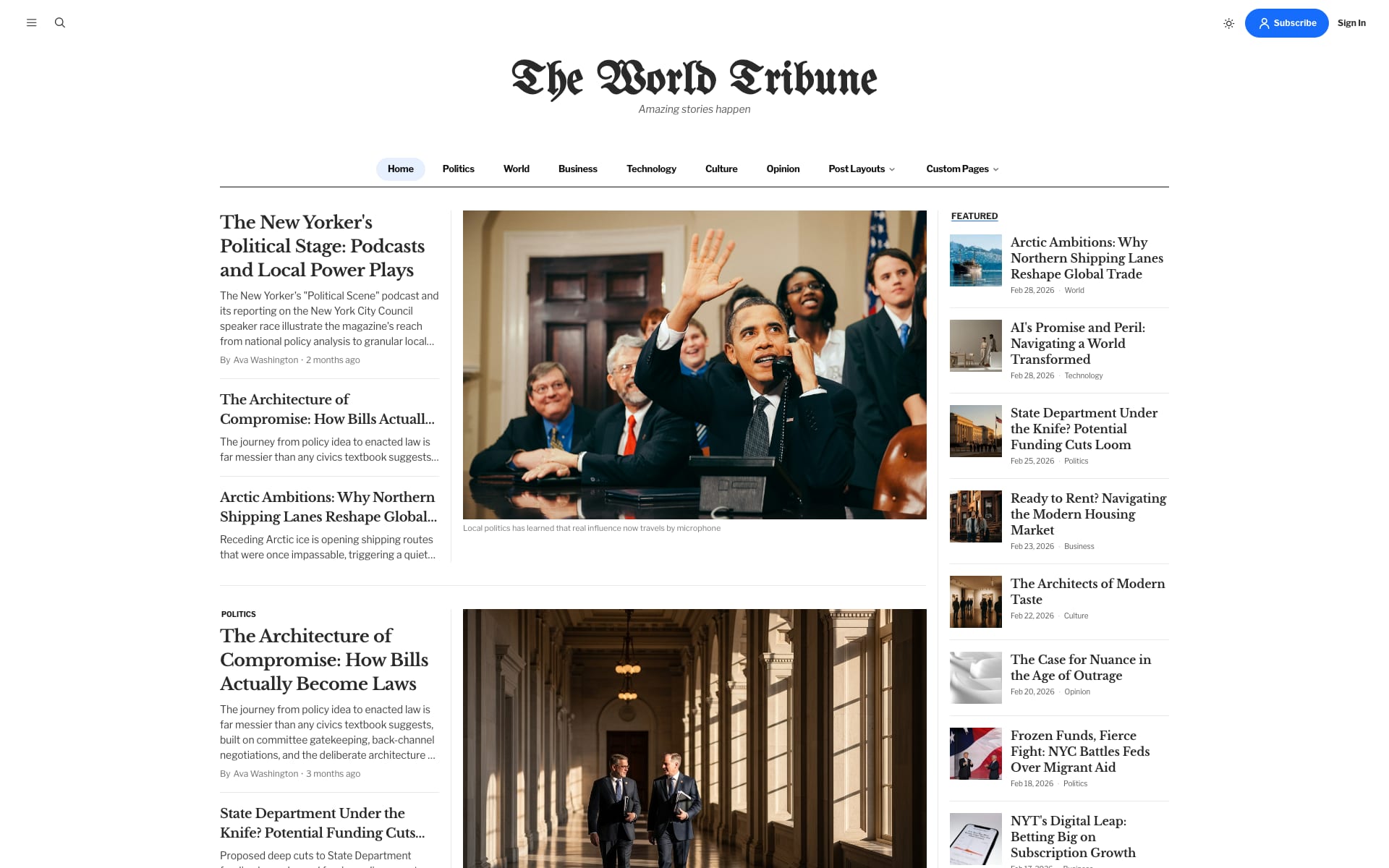 Tribune newspaper-style homepage with lead stories and a featured sidebar