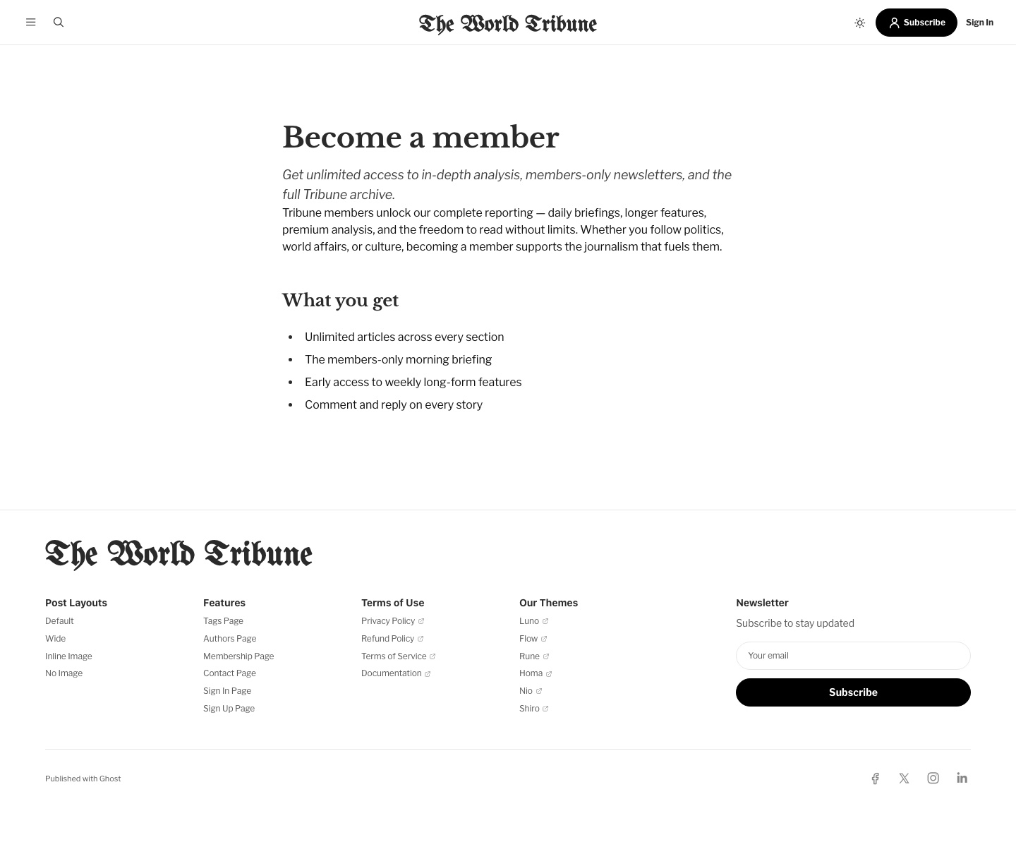 Tribune membership page with tier pricing and benefit list