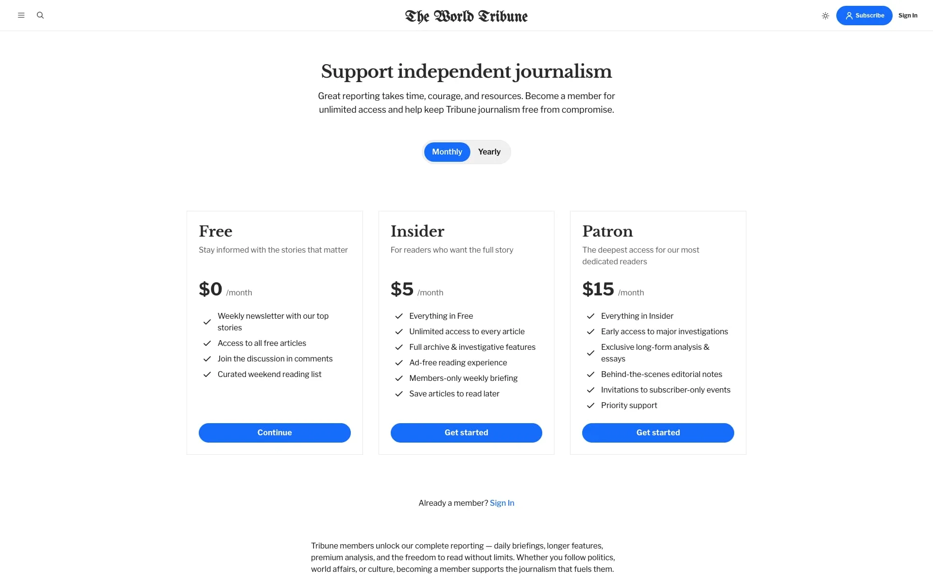 Tribune Ghost theme Membership page template showing membership tiers in a pricing layout with a monthly and yearly toggle