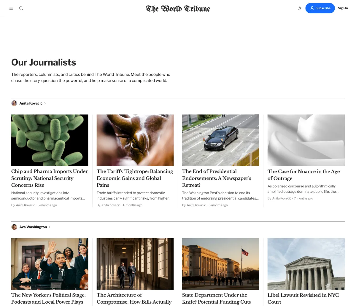 Tribune authors page with each writer's avatar and name above a four-column grid of their stories