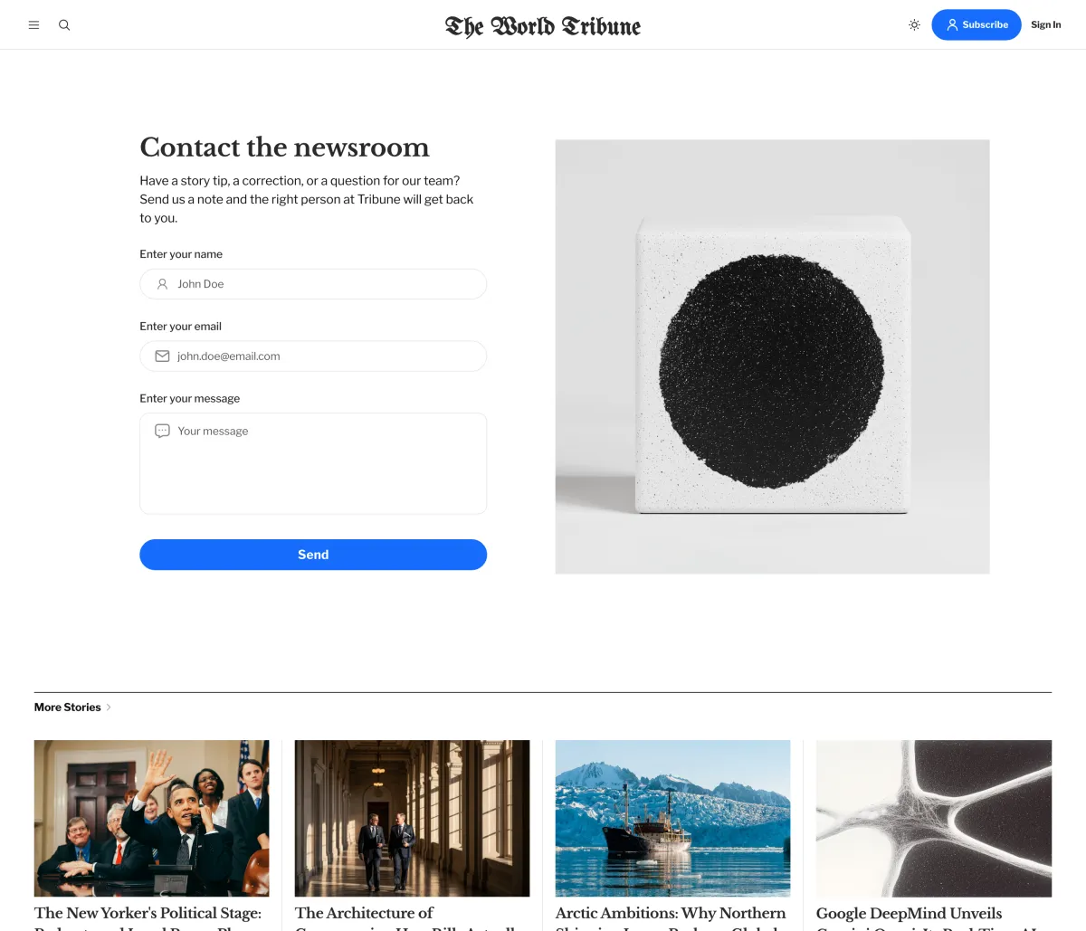 Tribune contact page with a form on the left and a photograph on the right, more stories below