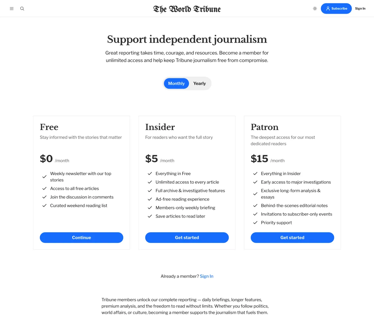 Tribune membership page with pricing cards built from Ghost tiers and a monthly to yearly toggle