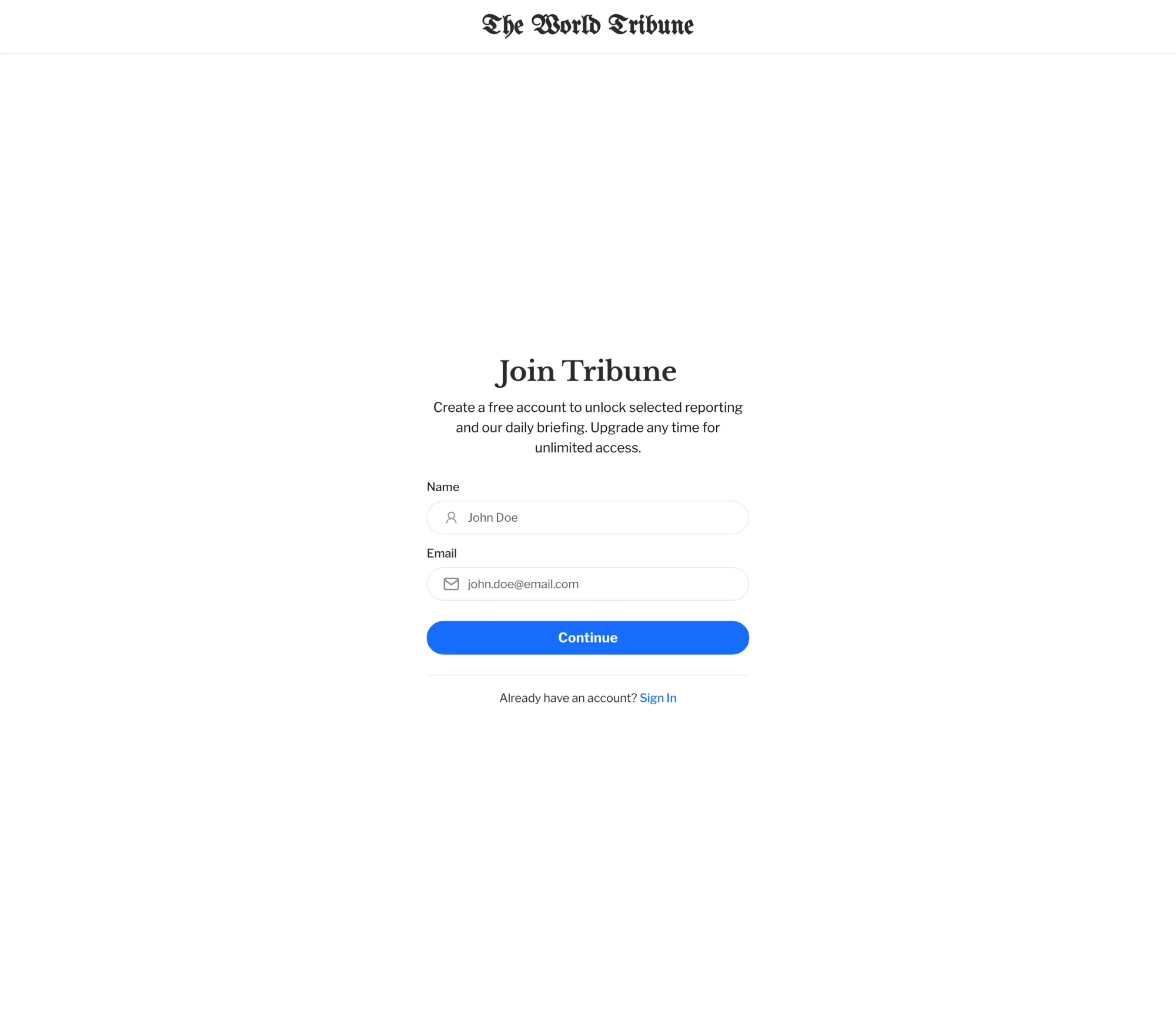 Tribune Ghost theme dedicated full-page Sign Up template for new member registration
