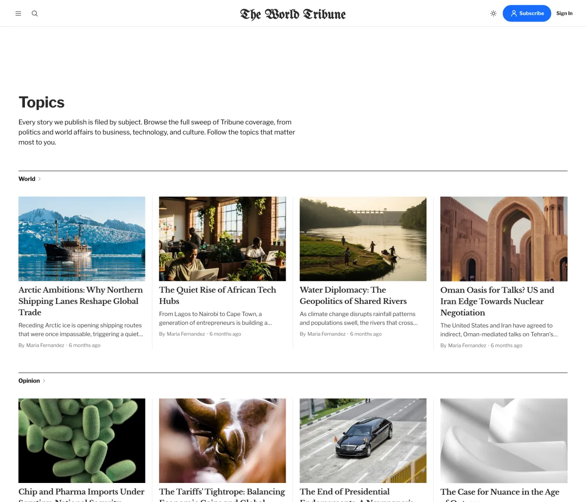 Tribune tags page with each section name above a grid of its four latest stories