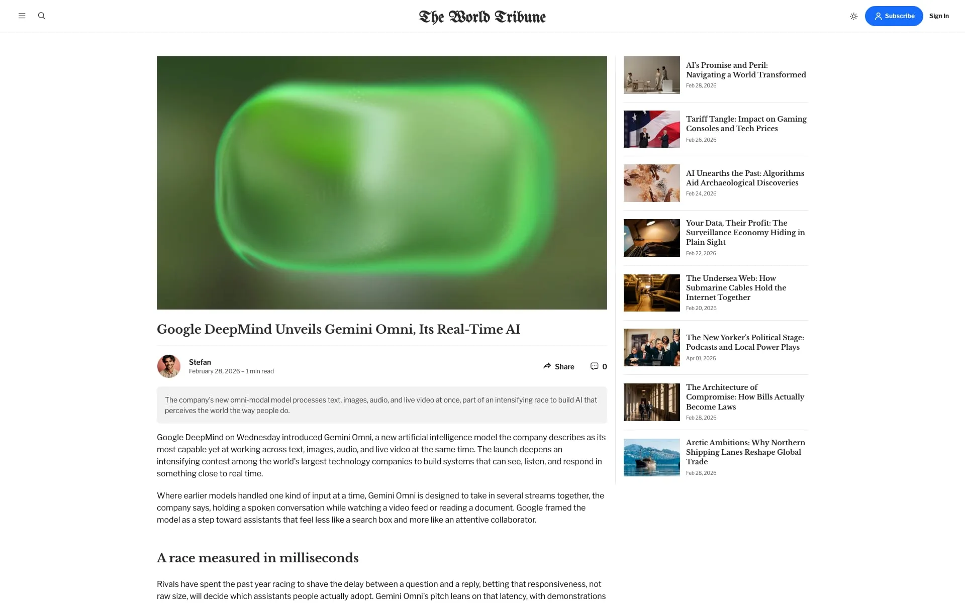 Tribune Ghost theme Video post template with a two-column layout, video header, and related-posts sidebar