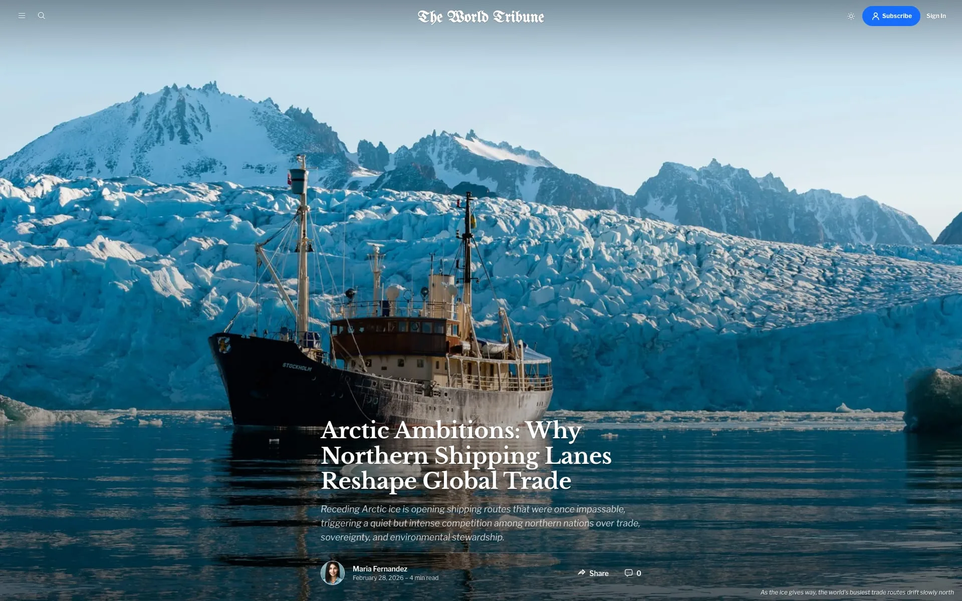 Tribune Ghost theme Wide post template with a full-bleed feature image and the title overlaid on top