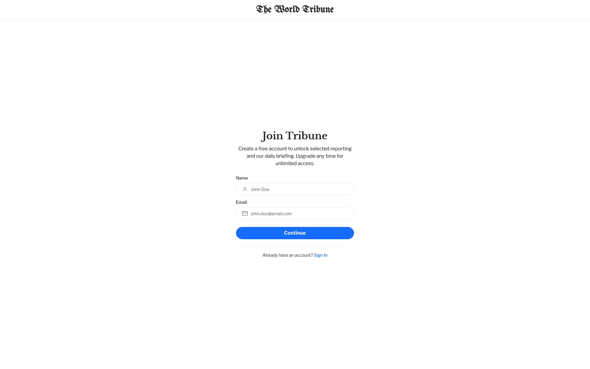 Tribune Sign Up page