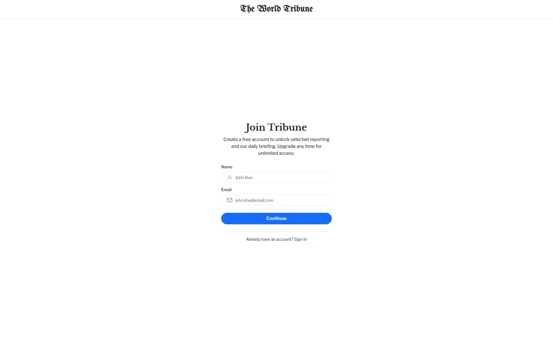 Tribune Ghost theme dedicated full-page Sign Up template for new member registration