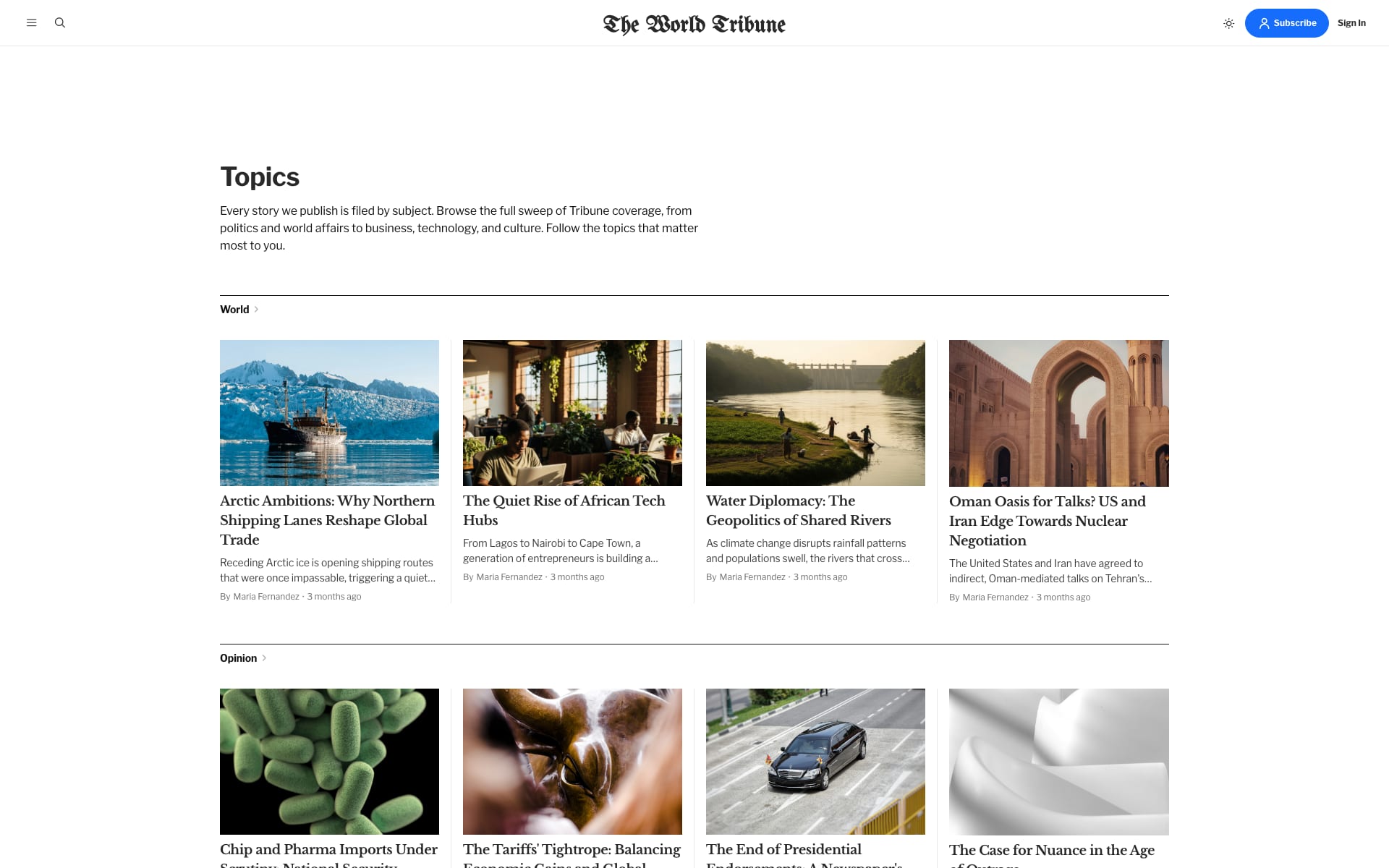 Tribune Tags page listing public tags with a grid of recent posts